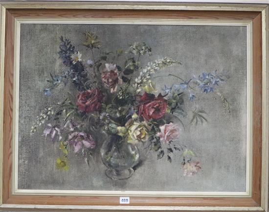 Barbara Crowe, oil on canvas board, Roses and summer flowers, Frost & Reed label verso, 55 x 75cm